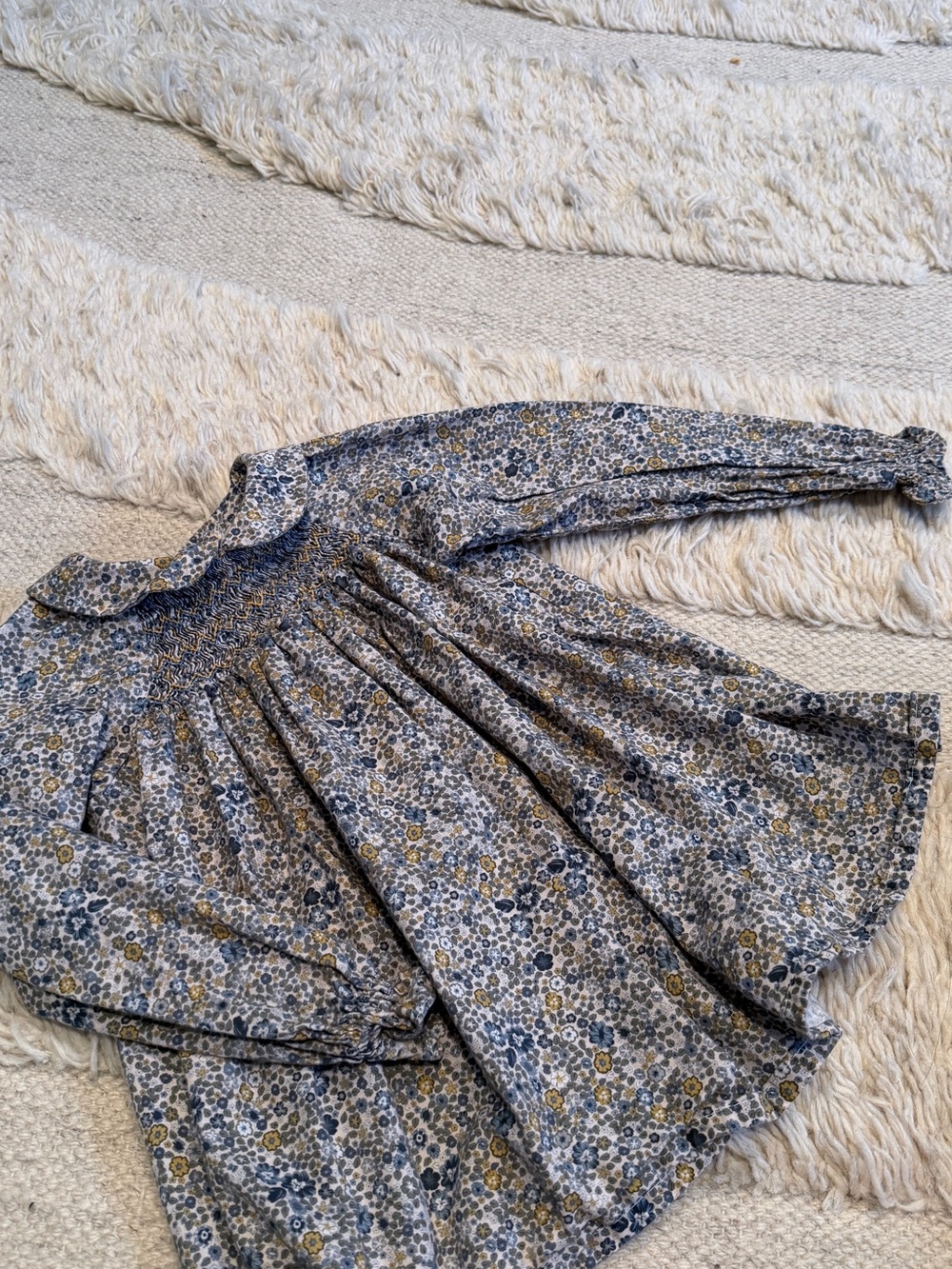Girls' Floral Smocked Long-Sleeve Dress in Blue and Cream